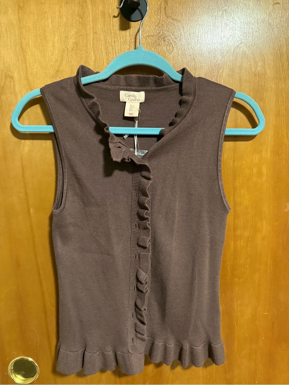 Camila Coelho Brown Ruffle-Trim Sleeveless Knit Camisole